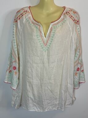 Charter Club Embroidered Boho White Peasant Top with Mint & Coral Accents
